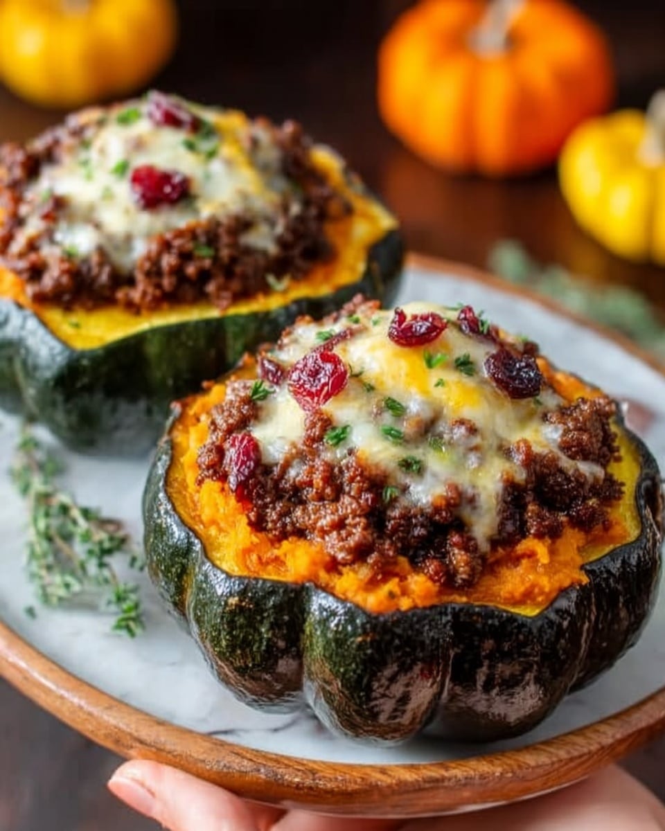 Two stuffed acorn squash halves sit on a white marbled surface, each filled with three distinct layers. The bottom layer is the dark green ridged acorn squash shell, hollowed out and roasted. Inside, there is a smooth, bright orange mashed squash layer that fills the shell. On top of that is a thick, crumbly layer of dark brown cooked ground meat mixed with diced green celery and red dried cranberries. The top layer is melted pale yellow cheese with some browned spots, sprinkled with small green herb pieces. In the background are two small orange pumpkins and some green herb sprigs. Photo taken with an iphone --ar 4:5 --v 7