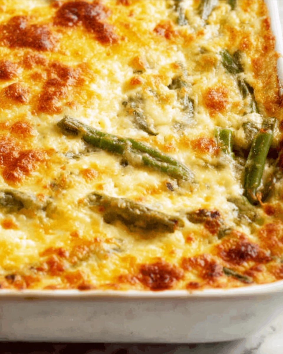 A white rectangular baking dish filled with a layered casserole. The bottom layer is made of cooked green beans, visible as long green pieces. On top of the green beans is a thick, creamy yellow layer mixed with melted cheese, giving a smooth but slightly uneven texture. The top layer is golden brown with some toasted spots and melted cheese covering most of the dish. The edges of the casserole show some bubbling, indicating it is hot and freshly baked. The background is a white marbled texture. Photo taken with an iphone --ar 4:5 --v 7