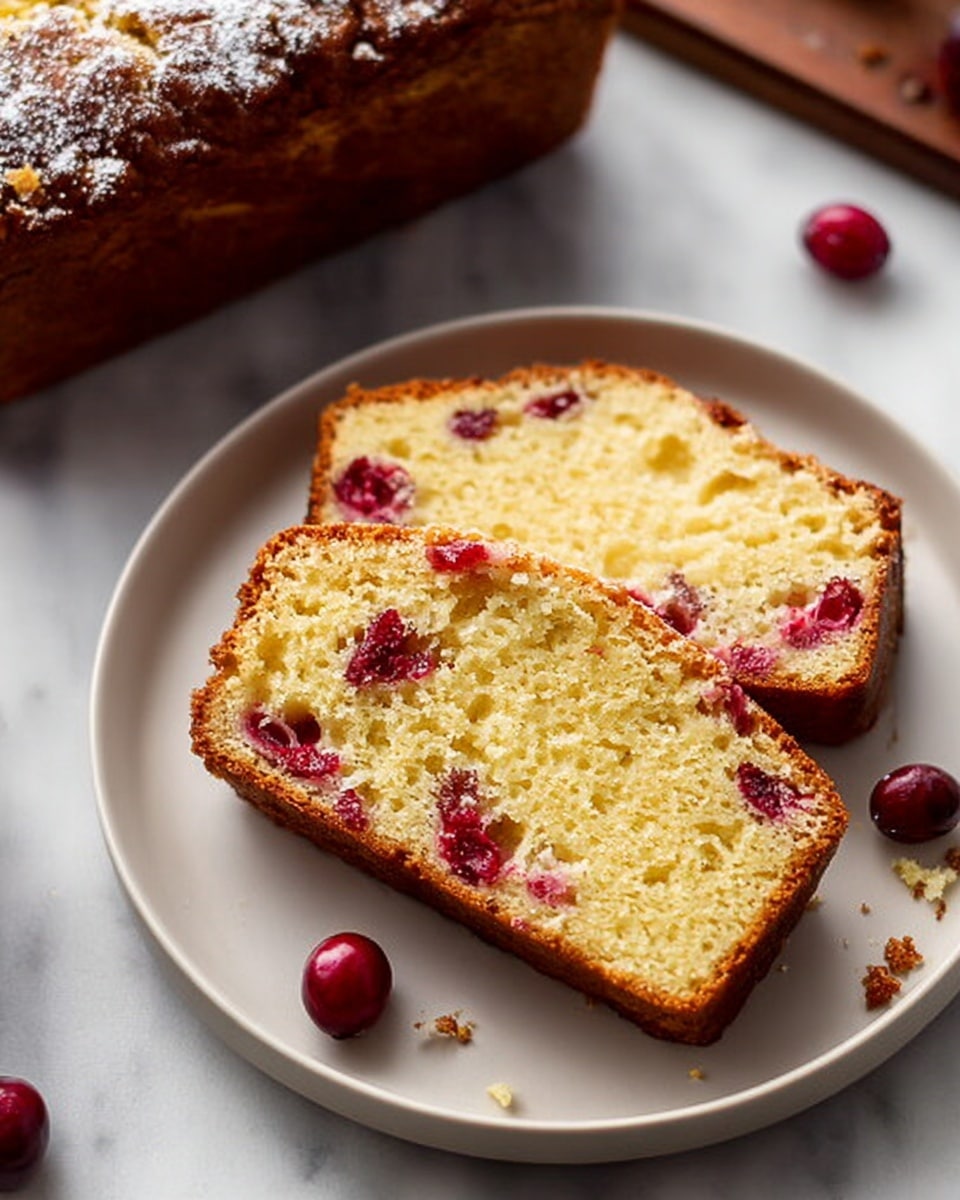 The image shows two slices of golden brown cranberry bread placed on a white plate with a smooth texture. Each slice has a light yellow crumb with an airy and soft texture, dotted with whole red cranberries inside, adding bursts of color. The crust is slightly darker and crisp, framing the inside. Next to the slices, there are a few loose cranberries adding contrast. The plate sits on a white marbled surface, and in the background, a larger piece of the same cranberry bread is partially visible. A knife with a shiny blade is also partly shown on the right side. Photo taken with an iphone --ar 4:5 --v 7