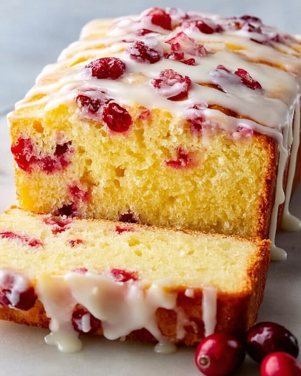 The image shows a loaf cake sliced to reveal its inside, placed on a white marbled surface. The cake has three clear layers: the bottom layer is a golden-yellow moist cake with a slightly browned crust, the middle layer is dotted with bright red cranberries scattered throughout the cake, and the top layer is a thick white icing drizzled down the sides, slightly glossy and smooth with some texture from the cranberries underneath. In front of the cake, a few fresh cranberries are placed on the surface. Photo taken with an iphone --ar 4:5 --v 7