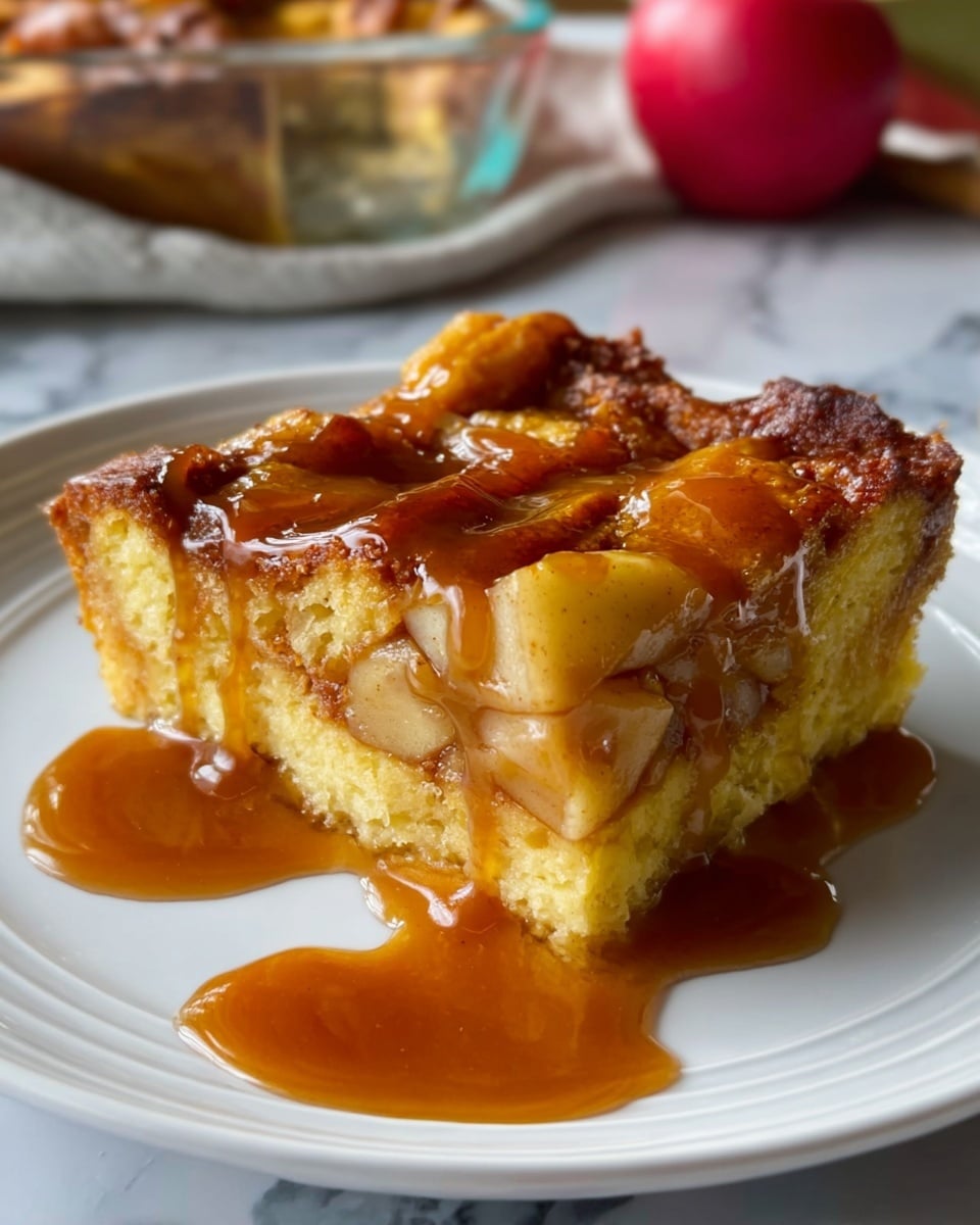 A slice of warm bread pudding sits on a white plate, showing three layers: a bottom soft golden-brown cake base, a middle layer of tender baked apple pieces with their light yellow and soft pink skins visible, and a top layer of caramelized golden crust. The pudding is covered with a rich, glossy caramel sauce that drips down the sides and pools on the plate, highlighting the texture and moisture. The scene is set on a white marbled surface with a blurred background of a glass dish containing more pudding and a red fruit. Photo taken with an iphone --ar 4:5 --v 7