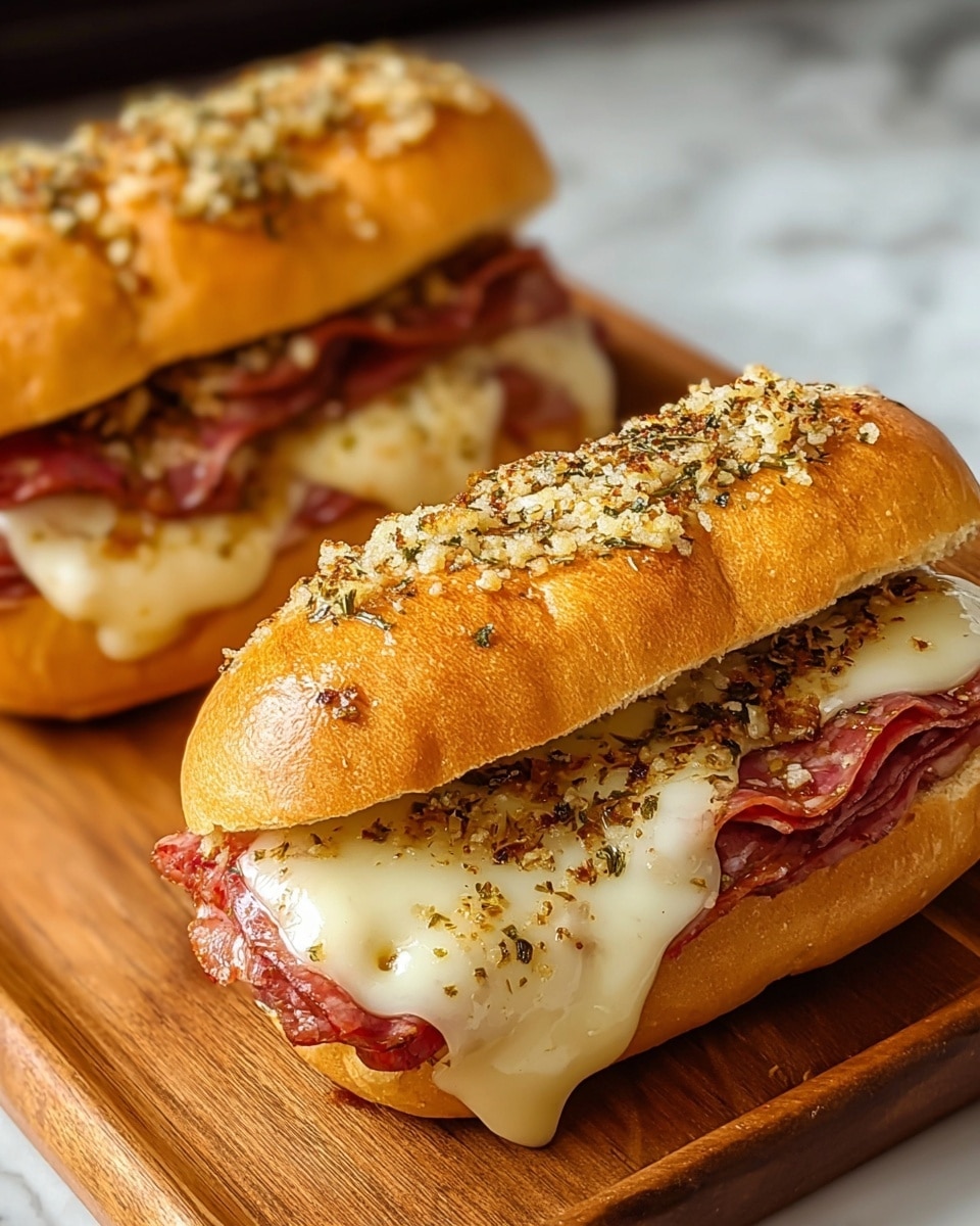 Two sandwiches sit on a wooden board, each with three main layers visible inside a golden brown bun sprinkled with chopped garlic and herbs on top. The bottom layer is red slices of meat peeking out from the sides, covered by a middle layer of melted white cheese that softly drips over the meat. The bun has a soft texture with a slight shine, and the garlic topping adds a rough texture. The background is a white marbled surface, photo taken with an iphone --ar 4:5 --v 7