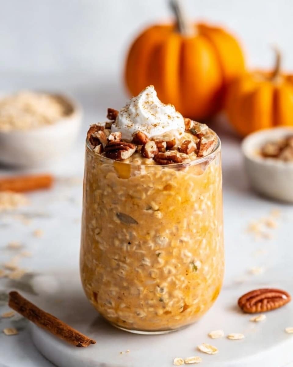 A transparent glass jar filled with creamy pumpkin oatmeal showing a light orange color mixed with small oats and seeds throughout. The oatmeal is topped with a layer of crunchy chopped nuts, slightly darker brown pecan halves, and a small dollop of white whipped cream on top. The jar sits on a white marble surface with scattered oats around it. In the background, there are small orange pumpkins slightly out of focus, with a small white bowl of oats and cinnamon sticks beside the jar. Photo taken with an iphone --ar 4:5 --v 7