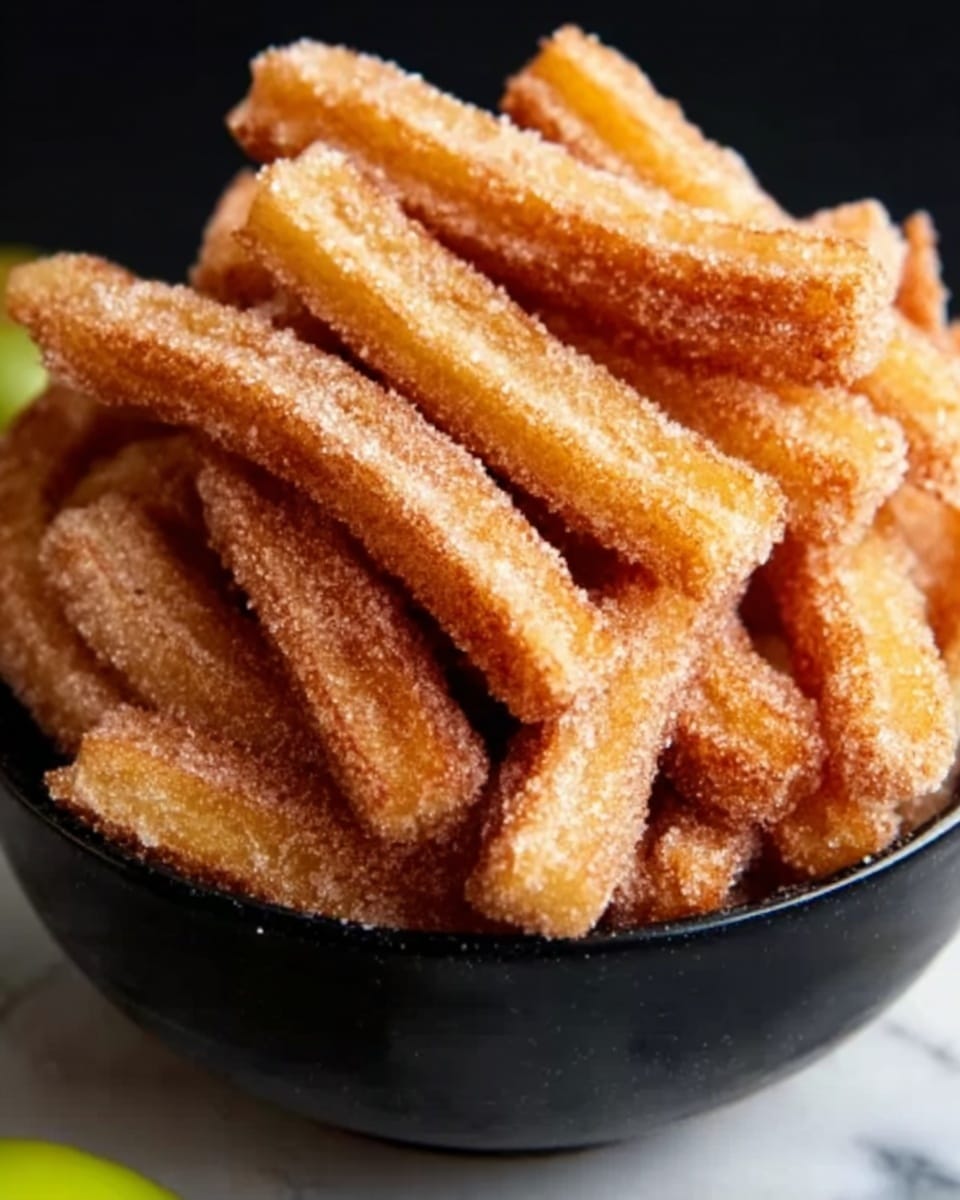 A black bowl filled with golden-brown churros coated in sugar. The churros are stacked loosely, showing a rough, crunchy texture with visible sugar crystals covering each piece. The black bowl sits on a white marbled surface, and the churros have varying lengths, some laying flat while others are resting diagonally on top. Photo taken with an iphone --ar 4:5 --v 7