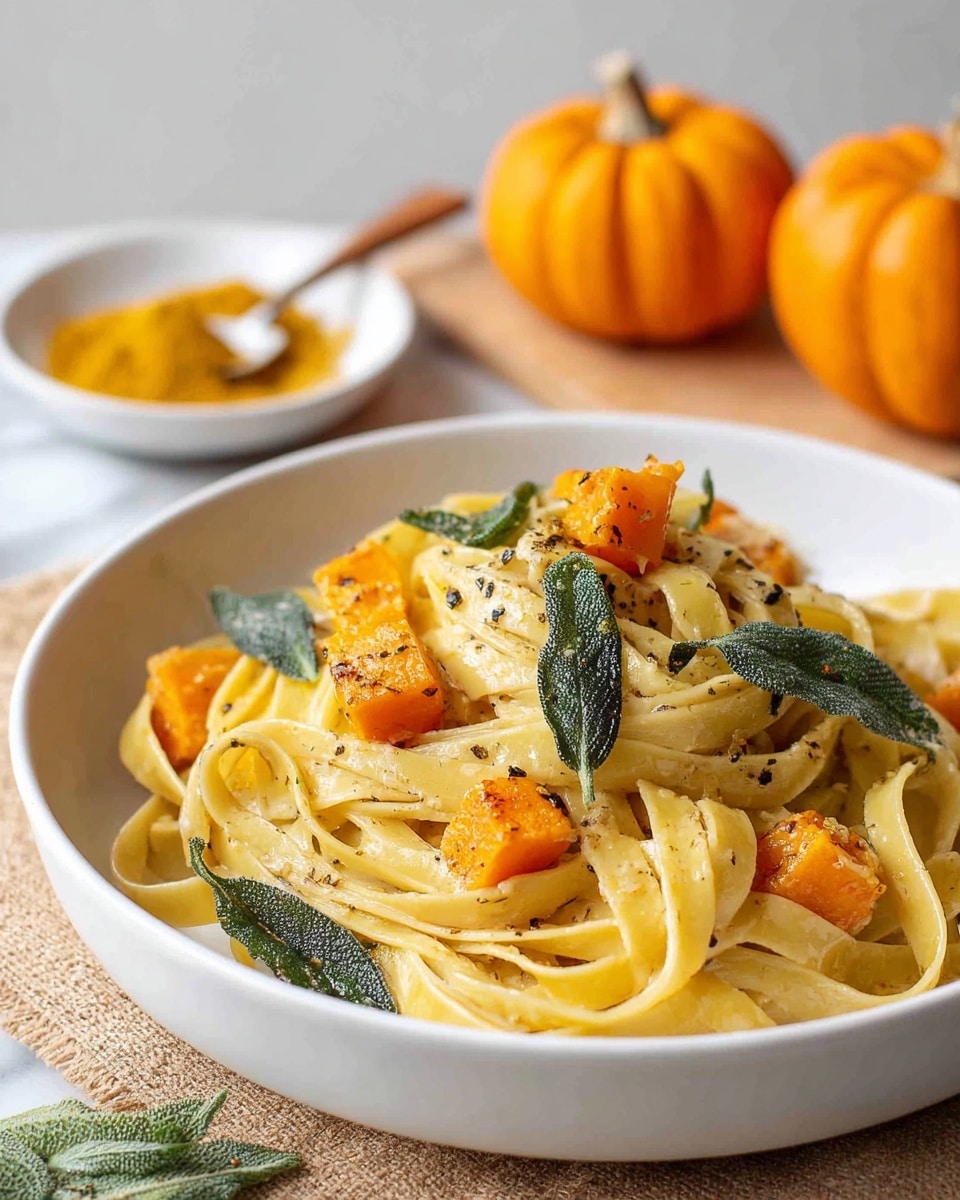 A white shallow bowl holds a serving of fettuccine pasta tossed with small orange pumpkin cubes and fresh dark green sage leaves scattered on top. The pasta is creamy and glossy, with specks of black pepper sprinkled over the dish. In the background, two small pumpkins sit on a white marbled surface next to a white bowl filled with a ground yellow spice and a small spoon inside. The overall color palette is warm with orange and green hues contrasting the white bowl and textured surface. Photo taken with an iphone --ar 4:5 --v 7