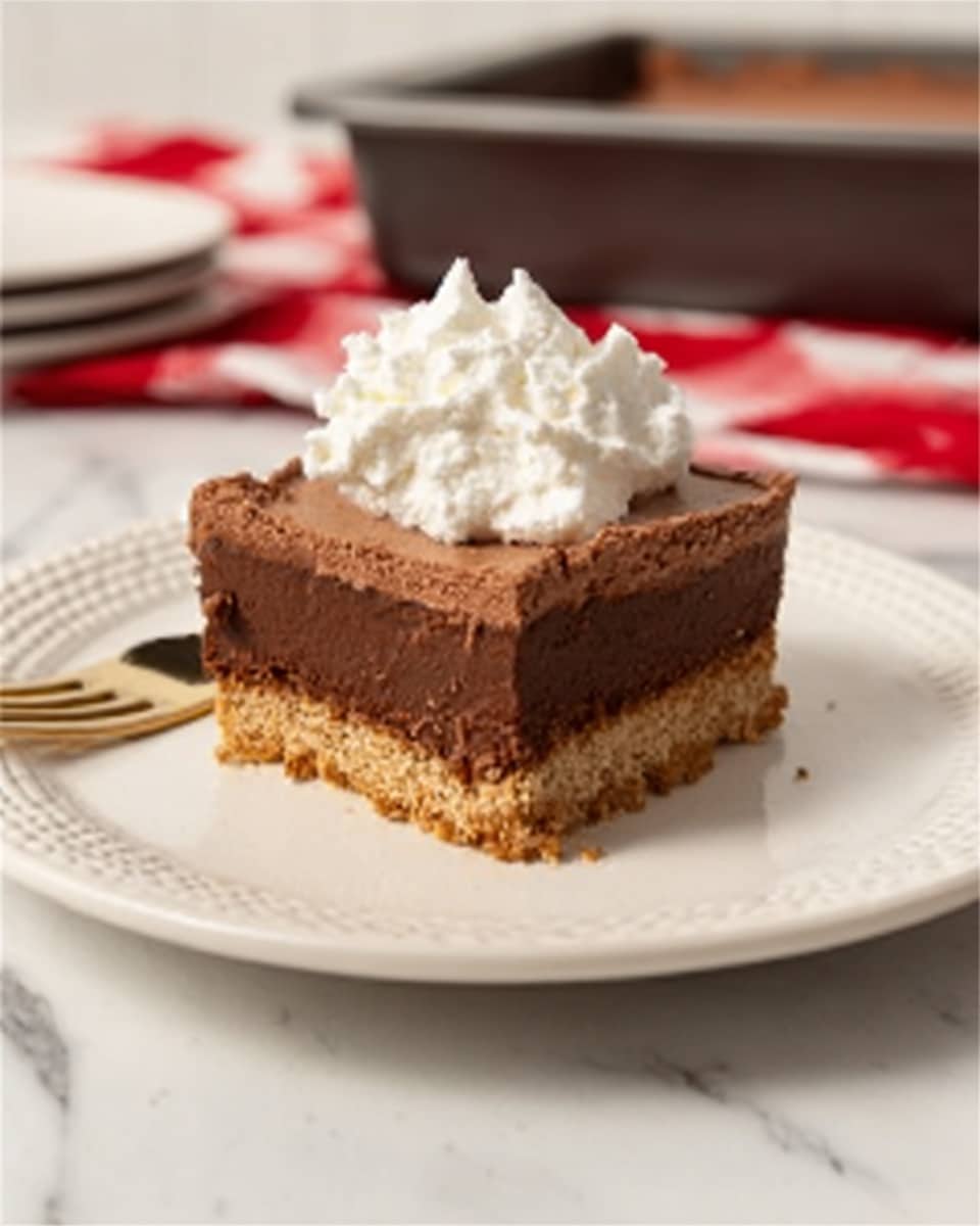 A single square piece of layered dessert sits in the center of a white plate on a white marbled surface. The dessert has three visible layers: a light brown crumbly base, a thick middle layer of smooth dark chocolate mousse, and a small dollop of white whipped cream on top. The texture of the mousse looks creamy and soft, while the base appears firm but crumbly. A woman's hand holds the plate at the edge near a red and white striped cloth, with a fork lying nearby. In the background, there is a dark metal baking dish. Photo taken with an iphone --ar 4:5 --v 7
