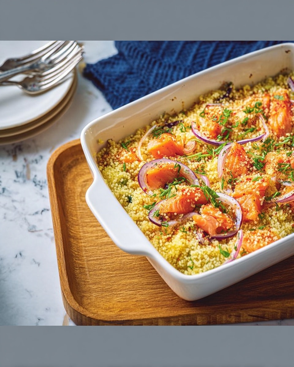 A white square baking dish filled with a layered casserole. The bottom layer is a light green vegetable base, topped with a thick layer of yellow, grainy couscous. Scattered on top are bright orange chunks of cooked salmon and thin slices of purple onion. Small green sprigs of chopped herbs are sprinkled evenly across the surface. The dish sits on a wooden tray resting on a white marbled table with a navy blue cloth beside it and a white plate with metal cutlery partially visible. Photo taken with an iphone --ar 4:5 --v 7