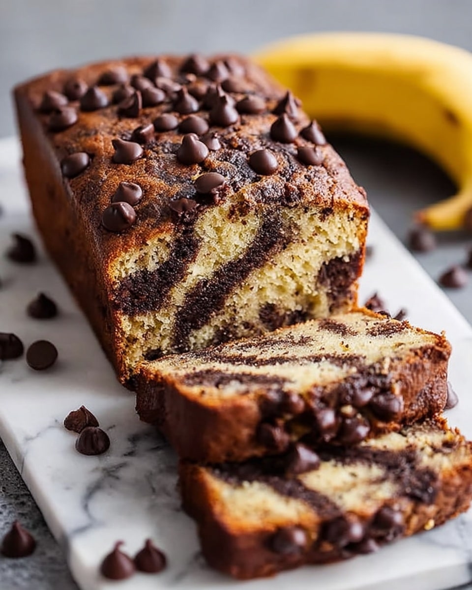 A loaf of banana chocolate chip bread is shown on a white marbled surface, cut into three pieces. The bread has two main layers: a light golden-brown cake base with visible swirls of dark chocolate throughout, creating a marbled effect inside. The top layer is adorned with many shiny dark chocolate chips that sit unevenly on the golden crust. Some chocolate chips are scattered around the sliced bread, and there is a ripe yellow banana blurred in the background. The texture of the bread looks soft and moist with a slight crust on the edges. Photo taken with an iphone --ar 4:5 --v 7