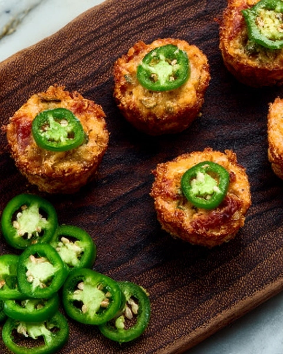 The image shows small, round savory bites arranged on a dark wooden board with a white marbled texture background. Each bite has a crispy golden-brown outer layer and is topped with a thin green slice of jalapeño pepper. There are several halved jalapeños scattered on the left side of the board, showing their bright green color and seeds inside. The scene is lit gently, capturing the crunchy texture of the savory bites. photo taken with an iphone --ar 4:5 --v 7