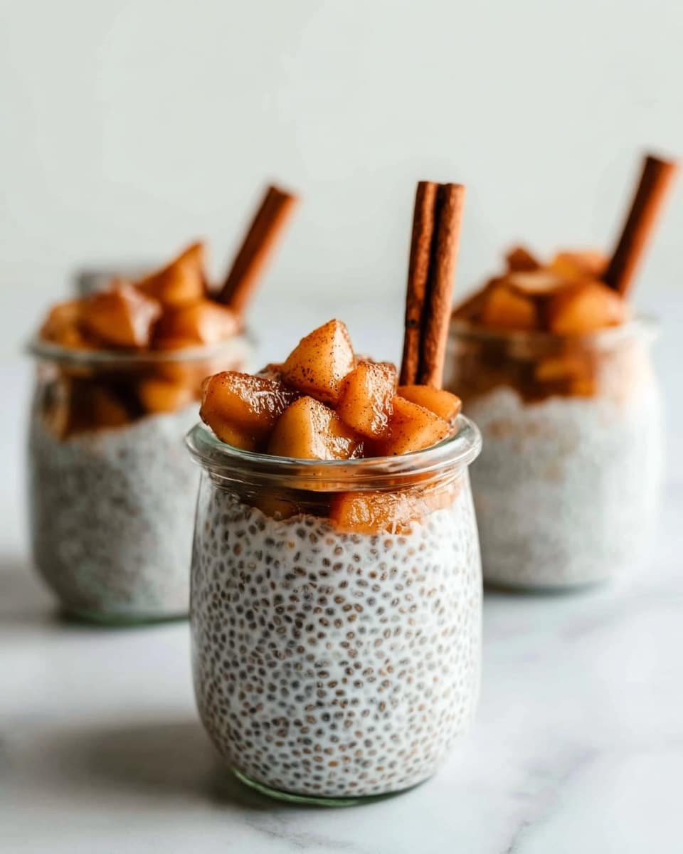The image shows three small clear glass jars filled with a layered dessert placed on a white marbled surface. Each jar has two distinct layers: the bottom layer is white with small black specks, showing the texture of chia pudding, and the top layer consists of golden-brown cooked apple pieces. A brown cinnamon stick is placed standing upright in each jar’s apple layer. The focus is on the closest jar in the foreground, while the other two jars appear blurred in the background. Photo taken with an iphone --ar 4:5 --v 7