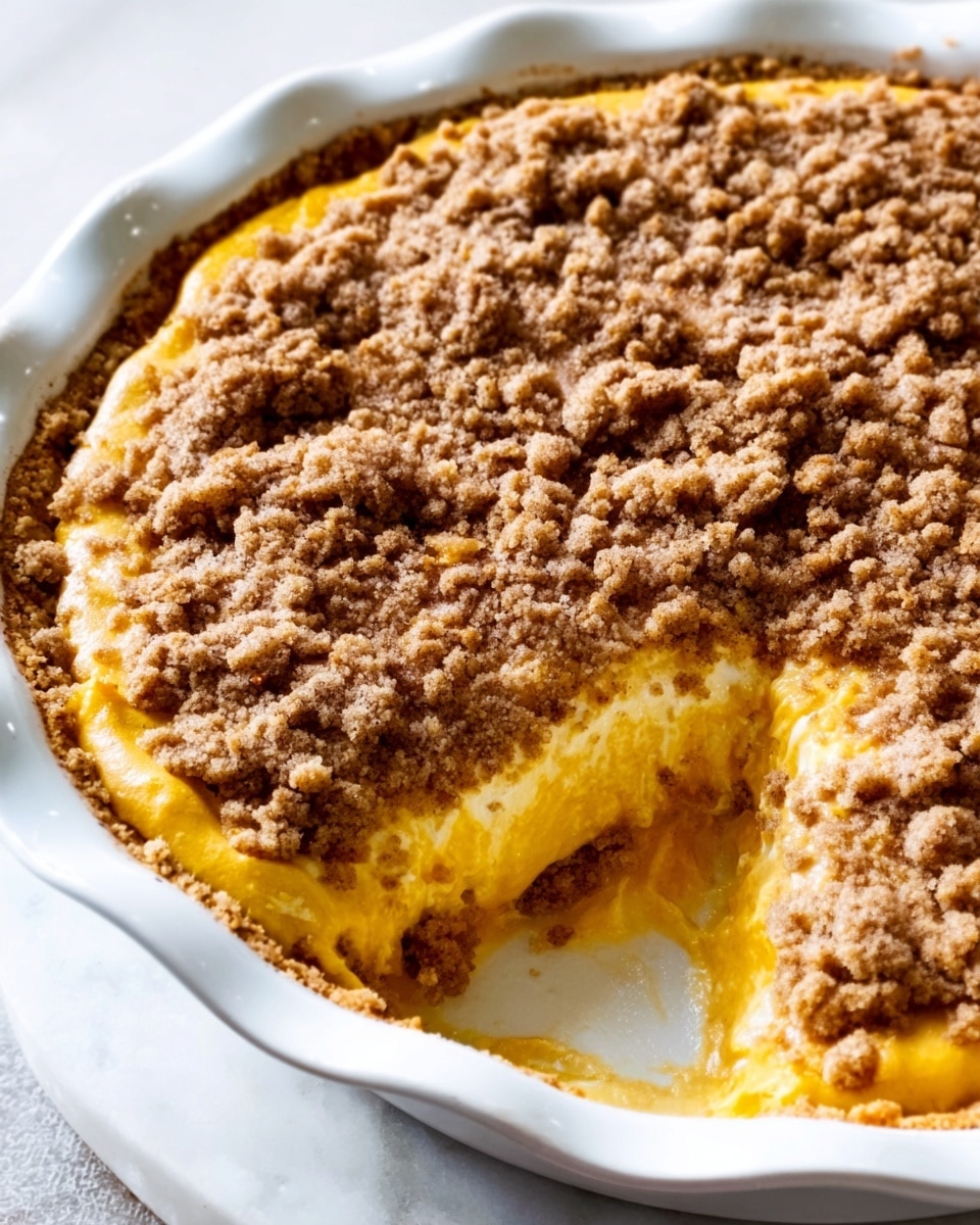 The image shows a partially eaten pie in a white ceramic dish with a wavy edge. The top layer is a crumbly, brown streusel with a slightly rough texture. Beneath the crumb topping, there is a smooth, bright yellow layer of filling that looks creamy, with a soft and thick consistency. The dish sits on a white marbled surface, and part of the pie has been scooped out, revealing the contrasting colors and textures of the filling and the crumbly crust. photo taken with an iphone --ar 4:5 --v 7