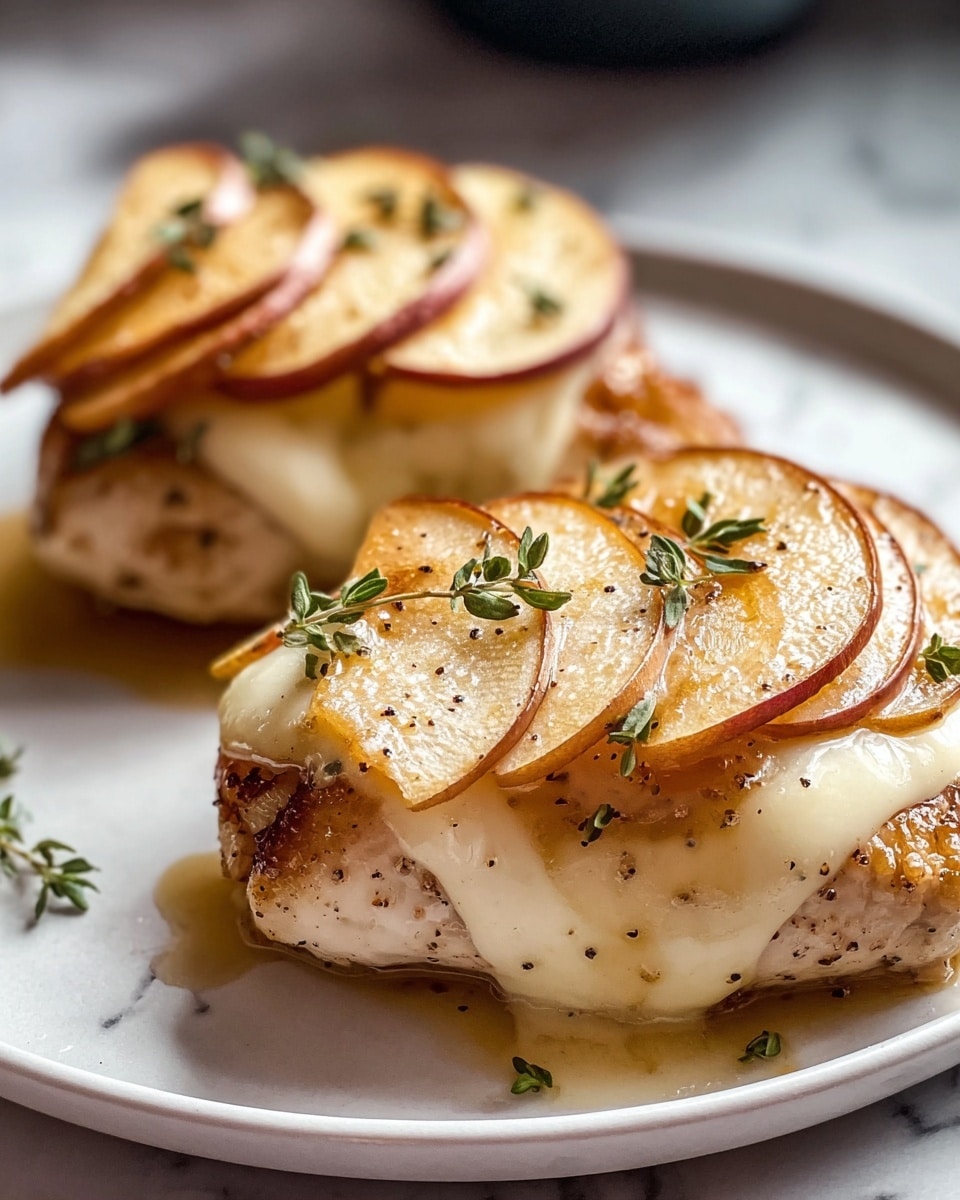 Two pieces of cooked chicken thighs sit on a white plate with a white marbled texture surface beneath. Each piece has a golden-brown crispy skin layer on the bottom, topped with a melted, creamy white cheese layer that softly drapes over the edges. On top of the cheese are several slices of golden, slightly caramelized pear arranged in a neat row, sprinkled lightly with small green herb leaves and black pepper grains. The lighting highlights the shiny glazed effect on the chicken skin and pears. Photo taken with an iphone --ar 4:5 --v 7