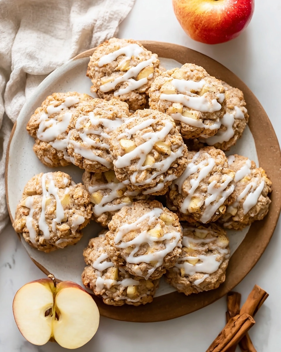 A round white plate holds a stack of about ten oatmeal cookies with visible chunks of light yellow apple pieces inside, each cookie drizzled with white icing in thin lines across the top; the cookies have a rough, crumbly texture with a golden-brown color. Next to the cookies, there is a whole red and yellow apple and a halved apple showing its pale inside with seeds and core. The plate is set on a white marbled surface with a light beige cloth partially visible on the left side and a piece of cinnamon stick in the bottom right corner. photo taken with an iphone --ar 4:5 --v 7
