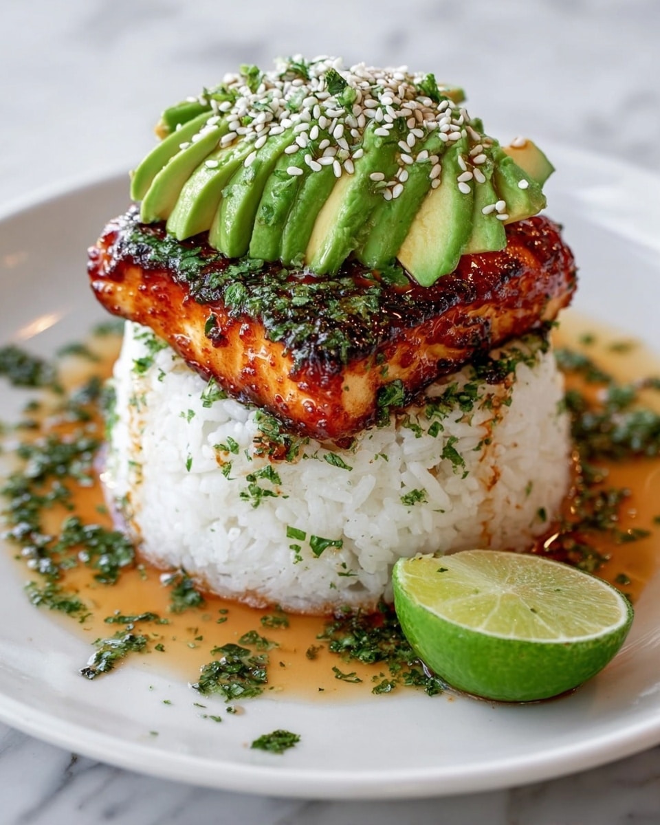 The dish shows three main layers on a round white plate sitting on a white marbled surface. The bottom layer is a thick, compact mound of white rice with a slightly sticky texture, garnished with small green herbs scattered on and around it. The middle layer is a square piece of grilled fish with a rich, caramelized brown and reddish crust. The top layer consists of several green avocado slices neatly fanned out, topped with white sesame seeds and finely chopped green herbs. A halved lime with a bright green color rests beside the rice on the plate. A light brown sauce with herbs is drizzled around the rice, adding extra color and texture. Photo taken with an iphone --ar 4:5 --v 7