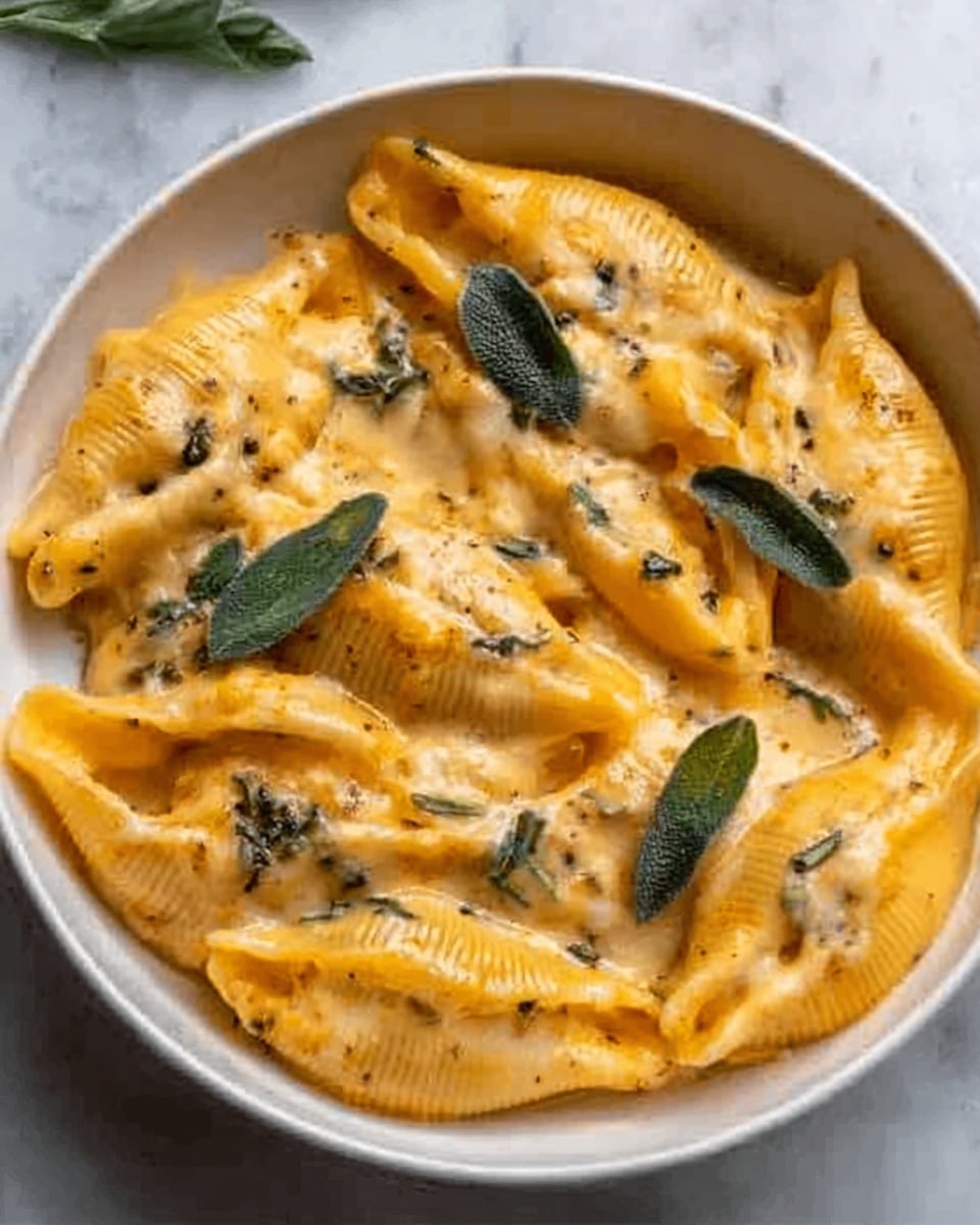 A white bowl filled with creamy, orange-colored baked pasta, with large pasta shells layered and covered in smooth, rich cheese sauce. The top layer shows melted cheese with small browned spots and fresh green sage leaves scattered over the dish for color contrast. The texture looks soft and cheesy with a slight crisp on top, placed on a white marbled surface. Photo taken with an iphone --ar 4:5 --v 7