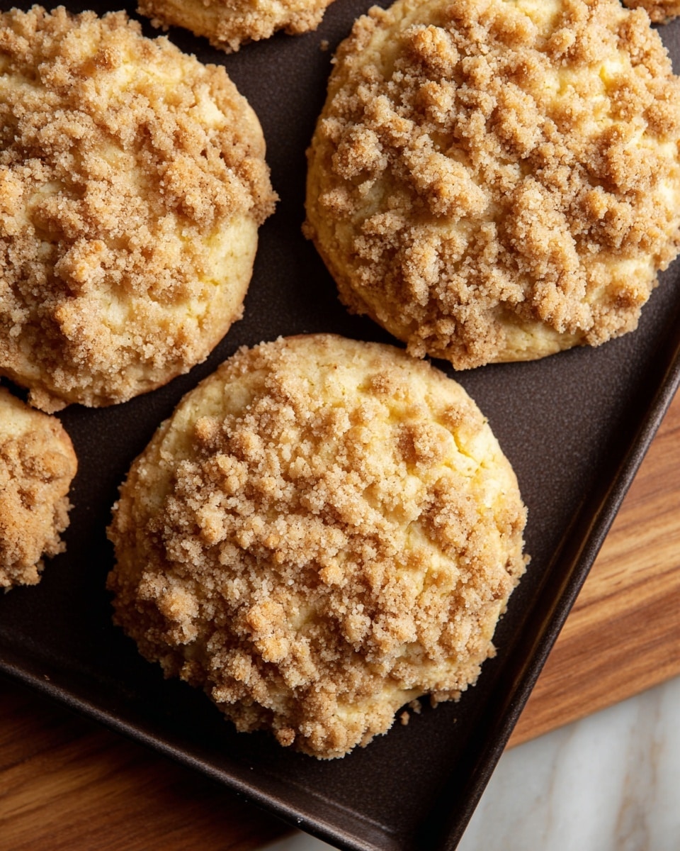 The image shows several crumb-topped cookies on a dark baking tray. Each cookie has a rough, uneven outer layer of crumbly topping that is light brown with a slightly golden hue. The base beneath the crumb layer is slightly visible and appears soft and pale yellow in color. The cookies are close to each other, evenly spaced on the tray, which rests on a white marbled surface. The texture of the crumb layer is coarse and crunchy, covering the entire top and edges of each cookie. photo taken with an iphone --ar 4:5 --v 7