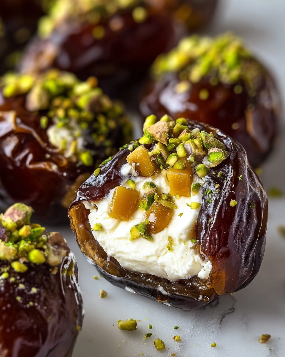 A close-up view of a glossy dark brown date filled with a creamy white layer of soft cheese at the bottom, topped with small golden and green pieces of pistachio nuts scattered inside and on top. The date skin looks smooth and slightly wrinkled, wrapping tightly around the filling, with more dates in the background, some sprinkled with finely chopped green pistachios. They all rest on a white marbled surface, giving a clean and fresh look. photo taken with an iphone --ar 4:5 --v 7