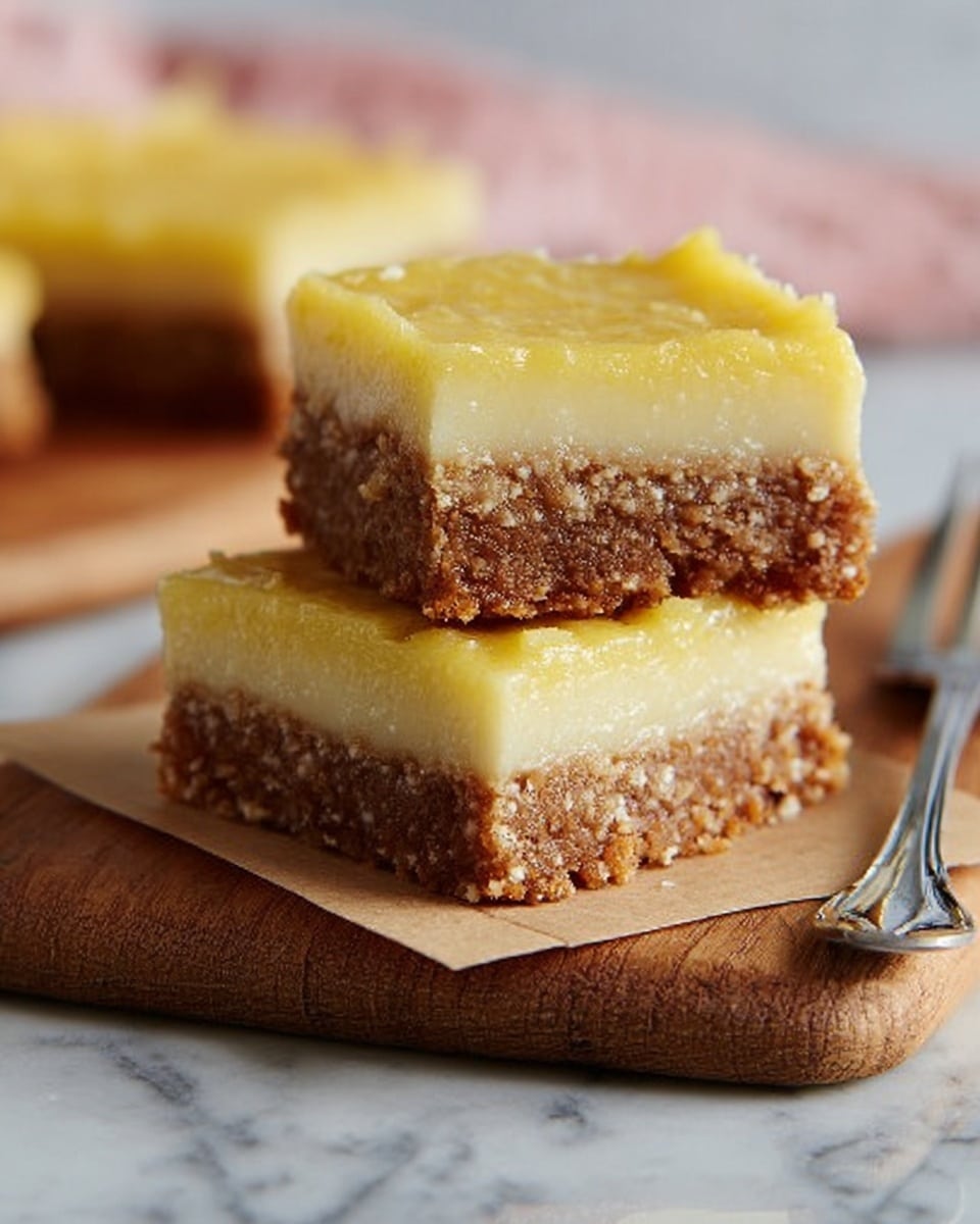 The image shows two square dessert bars stacked on top of each other on a wooden board, with a third bar slightly blurred in the background. Each bar has two layers: a thick, crumbly, light brown base with a rough texture and a smooth, creamy yellow top layer that looks moist and slightly glossy. There is a small piece of brown parchment paper between the two bars in the stack. A silver fork lies to the side on a white marbled surface. photo taken with an iphone --ar 4:5 --v 7