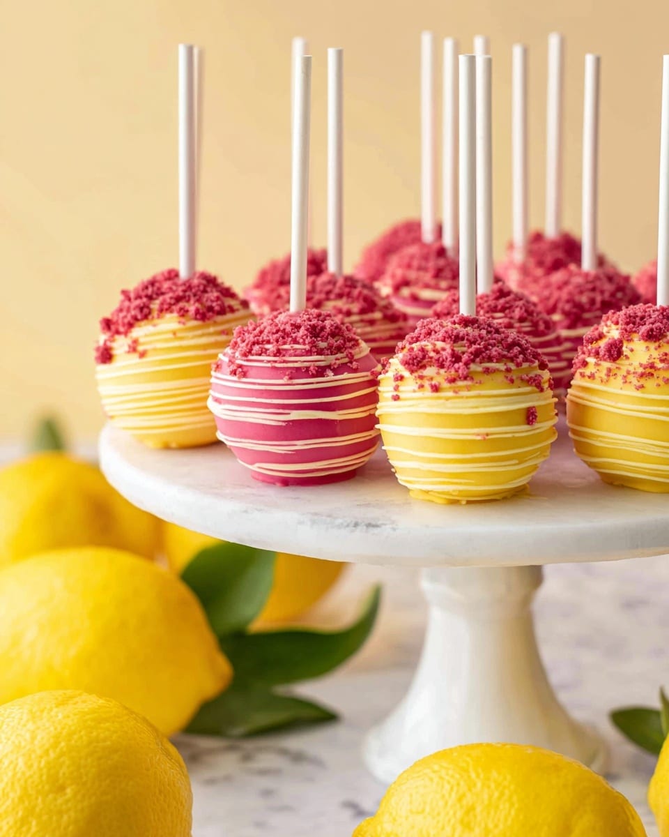 The image shows a group of cake pops arranged in two rows, each cake pop coated in smooth, ridged frosting with alternating pink and yellow colors. Each cake pop has a rounded shape with fine horizontal lines of frosting wrapping around it, and is topped with small, bright red crumb-like pieces. The white sticks hold the cake pops upright on a white stand. In the foreground, bright yellow lemons with green leaves are slightly out of focus, adding fresh color contrast. The background is softly lit with a pale yellow tone and everything sits on a white marbled surface. Photo taken with an iphone --ar 4:5 --v 7