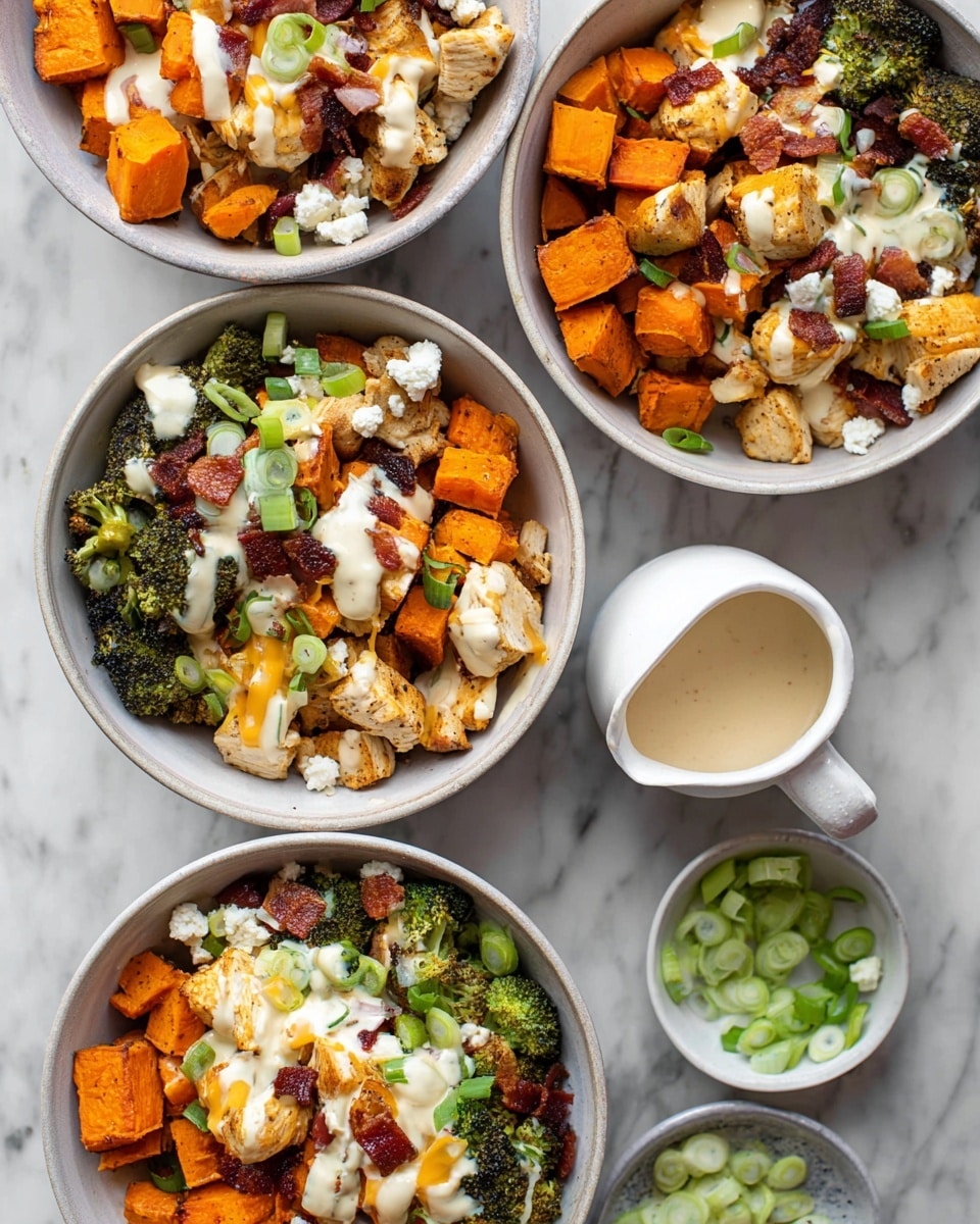 The image shows four white bowls filled with a colorful mix of food placed on a white marbled surface. Each bowl has a bottom layer of roasted orange sweet potato cubes and green roasted broccoli florets with a slightly browned texture. On top, there are light brown cooked chicken pieces and dark reddish-brown crispy bacon bits. The dish is garnished with bright green chopped scallions, small white crumbles of cheese scattered throughout, and drizzled with creamy white sauce and melted orange cheese, adding smooth and rich textures. A small white bowl filled with sliced scallions and a white pitcher with more sauce are visible beside the bowls. photo taken with an iphone --ar 4:5 --v 7