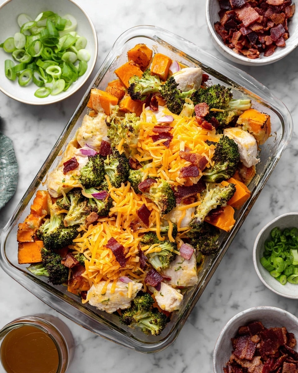 A glass baking dish on a white marbled surface holds a layered baked dish with three main visible layers: the bottom layer is made of cubed orange sweet potatoes, the middle layer is green roasted broccoli pieces mixed with cooked white chicken chunks, and the top layer is sprinkled with shredded orange cheddar cheese and small pieces of dark red cooked bacon scattered unevenly. Around the main dish are small white bowls, one with chopped green onions and another with more cooked bacon pieces, with a small container of sauce nearby. Photo taken with an iphone --ar 4:5 --v 7