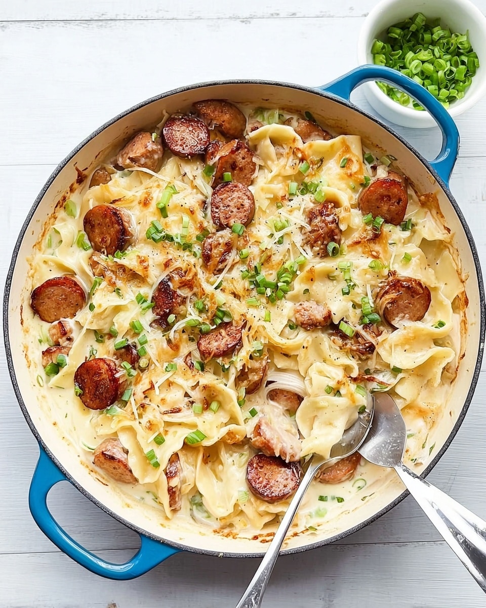 A round blue-handled pan filled with creamy pasta and sliced browned sausages, topped with melted cheese and sprinkled with chopped green onions. The pasta is large, flat, and pale in color, sitting in a light creamy sauce. The browned sausage pieces are scattered across the top, some slightly crispy on the edges. Thinly sliced onions add texture and mix with the cheese, which is only partly melted and light golden. A metal spoon is scooping a portion from the side. In the top right, a small white bowl holds more chopped green onions. The whole scene is set on a white marbled surface. photo taken with an iphone --ar 4:5 --v 7