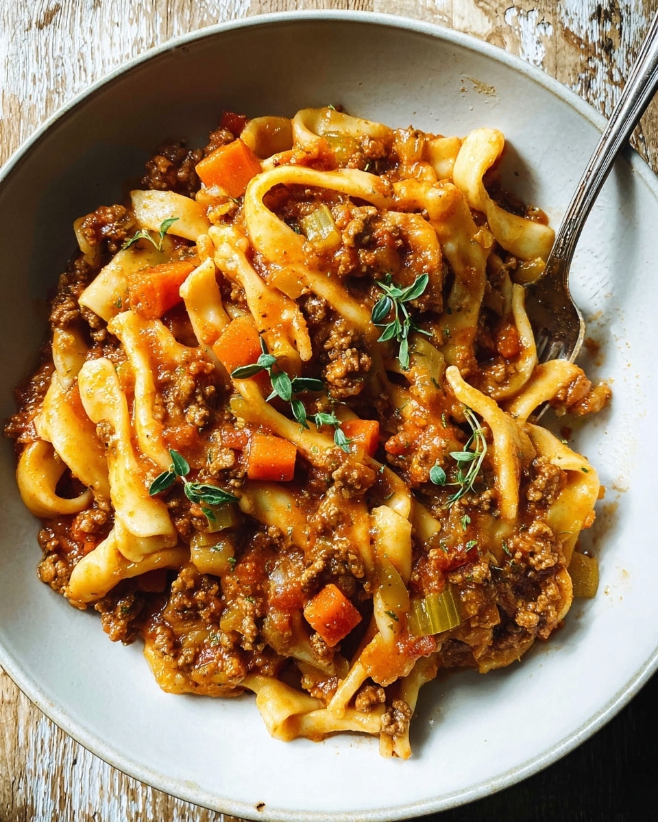 A close-up image of a bowl filled with pasta and meat sauce. The pasta is thick, slightly curved, and pale yellow, mixed with a chunky orange-red sauce that has visible pieces of ground meat, diced carrots, and celery. Small green herb leaves are scattered on top, adding detail and color contrast. The pasta and sauce create a textured, hearty look with bits of sauce coating each piece. A silver fork is partially placed in the bowl on the right side, resting on the pasta. The bowl is white and sits on a rustic wooden surface that is changed to white marbled texture. The lighting is soft and natural, highlighting the moistness and richness of the dish. Photo taken with an iphone --ar 4:5 --v 7