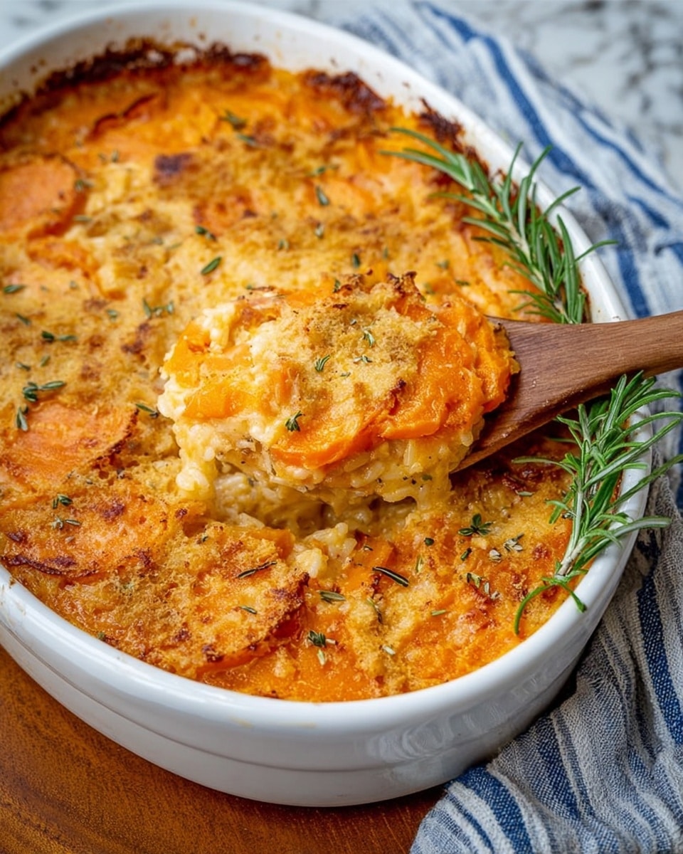 A white oval dish filled with a baked layered casserole showing at least three visible layers: a top golden brown cheese crust with a slightly crispy texture, beneath it a creamy orange layer of mashed or sliced sweet potatoes, and an inner layer mixed with white rice or grains and bits of herbs. A wooden spoon scoops up some of the casserole, revealing the soft, moist layers with herbs sprinkled throughout. The dish is garnished with a couple of fresh green rosemary sprigs on the right side. The dish sits on a wooden surface with a blue and white striped cloth in the background and a white marbled texture surface underneath. Photo taken with an iphone --ar 4:5 --v 7