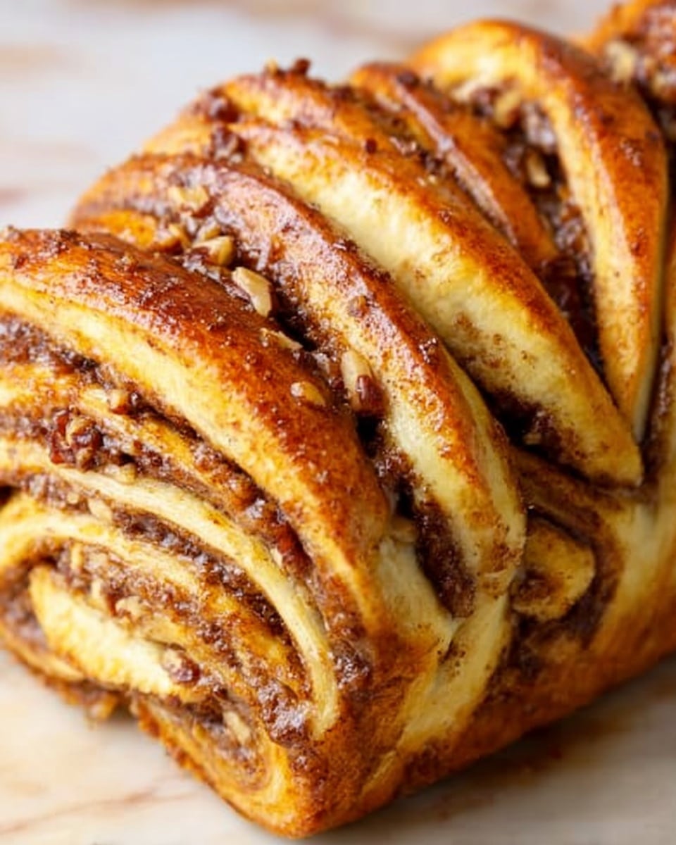 The image shows a close-up of a twisted loaf of bread with multiple layers of dough and filling. The bread has a shiny, golden-brown crust with visible textured folds. The filling is dark brown with small bits of nuts or spice visible throughout, spread evenly between each soft, light yellow dough layer. The loaf is stacked with many thin layers, creating a visually rich, textured look with the filling peeking out from the twists. The bread rests on a white marbled surface. Photo taken with an iphone --ar 4:5 --v 7
