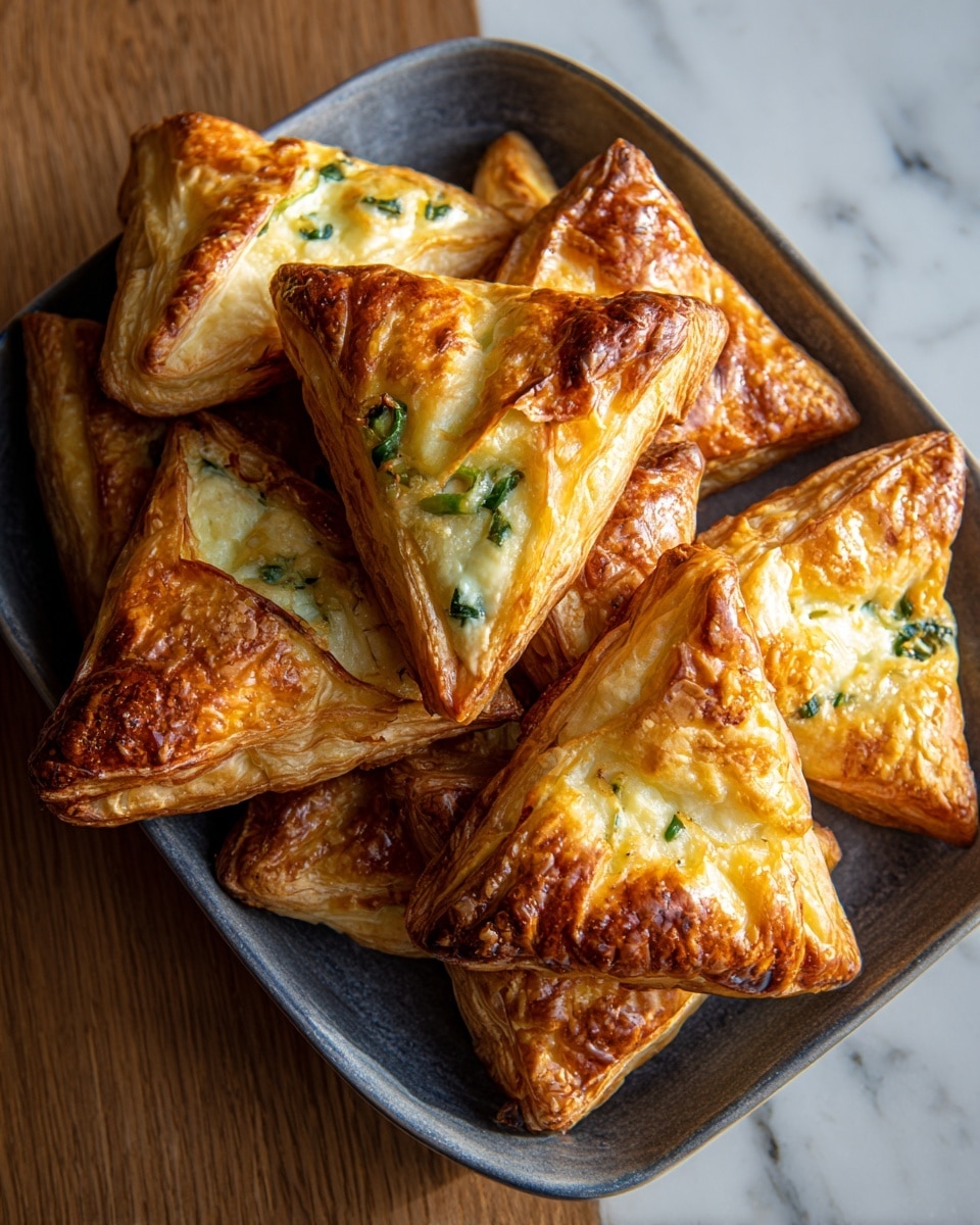 The image shows a tray filled with golden-brown puff pastries that have a layered, flaky texture. Each pastry is shaped like a triangle with puff pastry layers folding around a creamy white cheese filling, which is speckled with green jalapeño slices and some herbs, giving a fresh contrast to the rich layers. The pastries have a glossy, slightly browned surface from baking, highlighting the light crispiness of the crust. The tray rests on a wooden table with a white marbled texture underneath. photo taken with an iphone --ar 4:5 --v 7