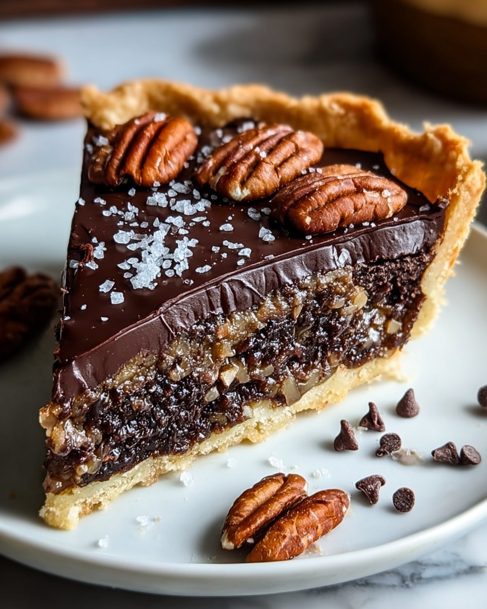 A slice of pie sits on a white plate over a white marbled surface, showing three main layers: a light golden, crumbly crust at the bottom, a dense dark chocolate and nut filling in the middle with visible nut pieces inside, and a thick shiny layer of dark chocolate ganache on top that looks smooth and glossy. The top layer is decorated with whole pecans and some coarse white salt sprinkled over them, adding texture and shine. Around the slice on the plate are small bits of pecans, chocolate chips, and a few grains of salt, creating a natural, rustic look. photo taken with an iphone --ar 4:5 --v 7