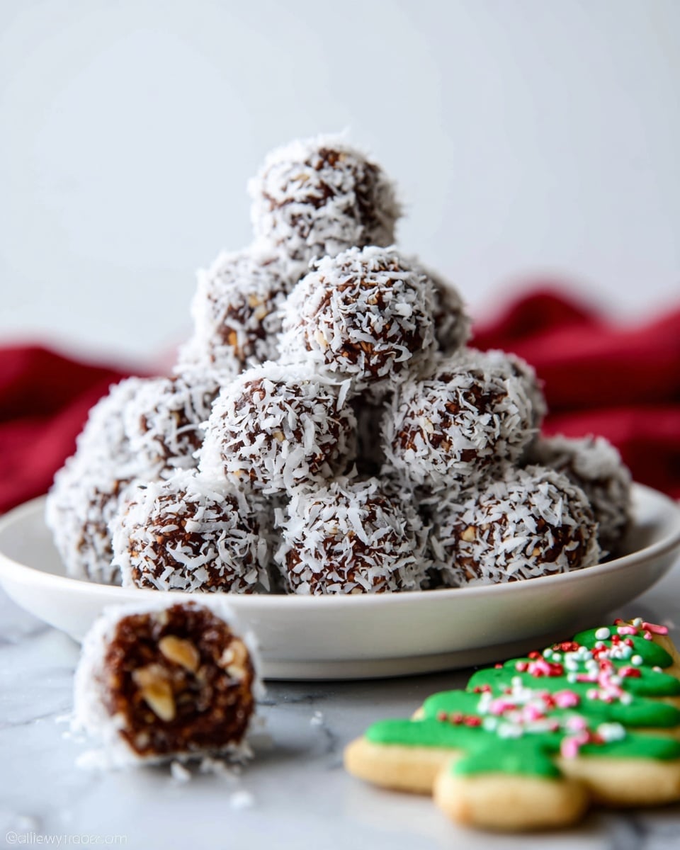 A small pile of round chocolate balls covered in white shredded coconut sits in the center of a stack on a white plate. Each ball shows a dark brown texture through the shredded coconut, with bits of nuts visible inside. In front of the plate, a single ball lies on a white marbled surface, along with a green Christmas tree-shaped cookie decorated with red, white, and pink sprinkles. The background is plain white, making the food stand out clearly. Photo taken with an iphone --ar 4:5 --v 7