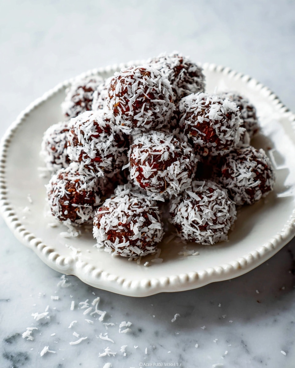 A white plate holds a pile of round chocolate balls covered in white shredded coconut. The balls are dark brown with a rough texture, and the white coconut flakes stick out unevenly around each one. The plate has a scalloped edge with beaded detailing, and a few coconut flakes are scattered around the plate on a white marbled surface. The lighting is bright and soft, highlighting the texture of the coconut and chocolate. photo taken with an iphone --ar 4:5 --v 7