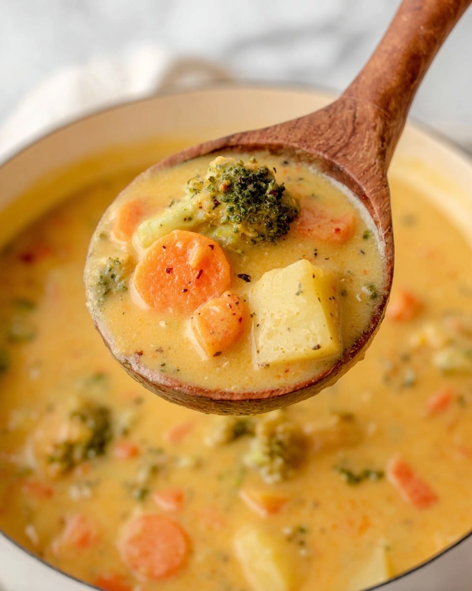 A wooden spoon is lifted with a creamy soup full of chunky vegetable pieces. The soup has a thick, smooth yellow base mixed with vibrant bright orange carrot slices and small green broccoli florets, along with tender light yellow potato cubes. The soup pot is white and the background features a white marbled texture. The colors and texture suggest a warm, hearty vegetable soup that's rich and comforting. photo taken with an iphone --ar 4:5 --v 7