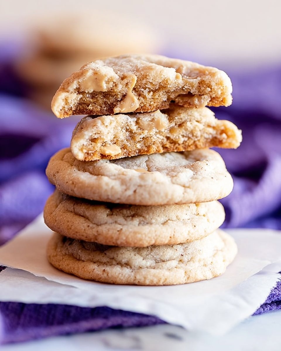 The image shows a stack of four soft cookies on white parchment paper, all placed on a white marbled surface with a purple cloth in the background. The bottom two cookies are whole, round, and light brown with a slightly cracked surface. On top of them, two cookie halves are stacked with the inside facing outward, showing a crumbly, dense texture with visible peanut pieces, and a golden-brown bottom edge. The colors are soft beige and light brown, giving a fresh-baked look. Photo taken with an iphone --ar 4:5 --v 7