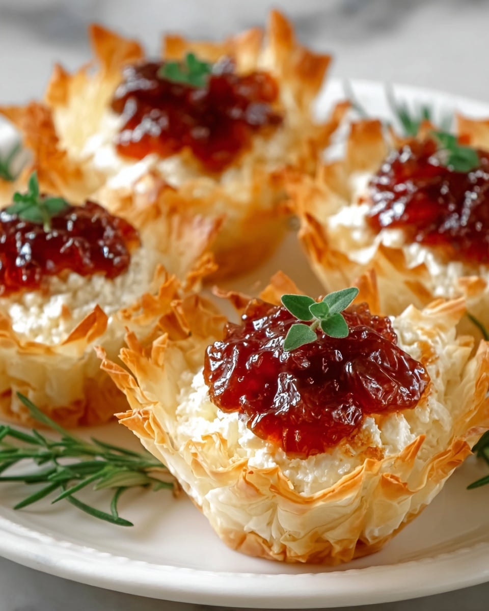The image shows golden, crispy phyllo cups filled with a fluffy white cheese layer, topped with a glossy, dark red jam that looks thick and slightly chunky. Each cup is crowned with a small green herb leaf for garnish. The cups are arranged neatly on a white plate, set on a white marbled surface, with some green rosemary sprigs placed around the plate for decoration. The texture of the phyllo is light and flaky, with delicate, crinkled edges, while the cheese appears soft and creamy beneath the shiny jam. Photo taken with an iphone --ar 4:5 --v 7