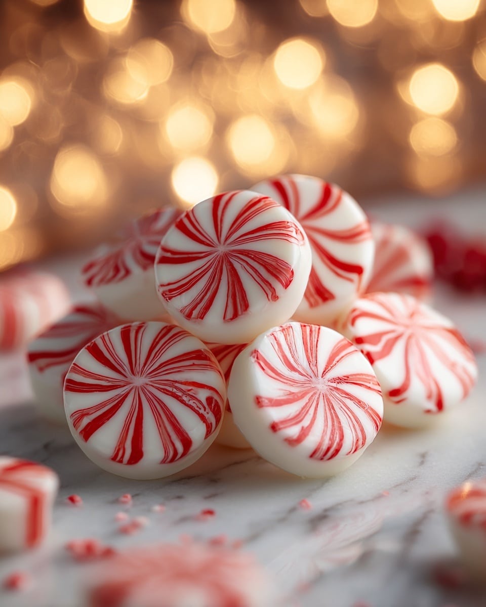 A close-up image of several small, round peppermint candies clustered together, each candy featuring white and red swirls that twist from the center to the edges, creating a bright and festive pattern. The candies have a smooth, glossy texture and appear slightly translucent at the edges. The background is softly blurred, showing warm, glowing lights that add a cozy and festive atmosphere. The candies are placed on a white marbled surface with a few scattered around it, enhancing the holiday feel. Photo taken with an iphone --ar 4:5 --v 7