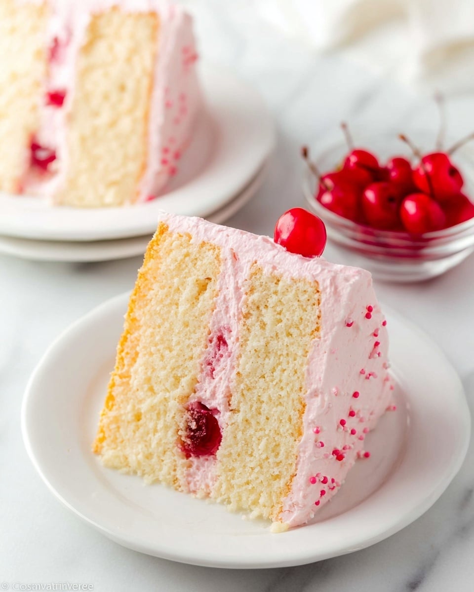 A slice of two-layer white cake with light pink frosting between and on top, the frosting has small red specks with a visible piece of red cherry inside the middle layer; the cake looks soft and moist, placed on a white plate on a white marbled surface. In the background, there is another white plate with a slice of the same cake, and a small clear bowl filled with bright red cherries. The lighting is bright and natural, highlighting the cake's soft texture and the freshness of the cherries. photo taken with an iphone --ar 4:5 --v 7