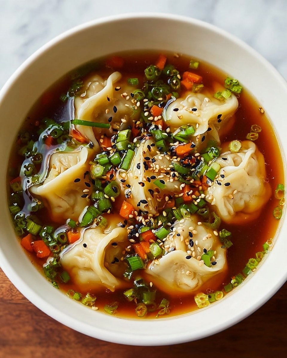 A white bowl filled with clear brown broth, floating six pale dough dumplings with soft, smooth, and slightly wrinkled textures. On top of the dumplings and in the broth are bright green chopped scallions, small orange carrot pieces, and sprinkled black and white sesame seeds, adding color and texture contrast. The scene is set on a white marbled surface. photo taken with an iphone --ar 4:5 --v 7