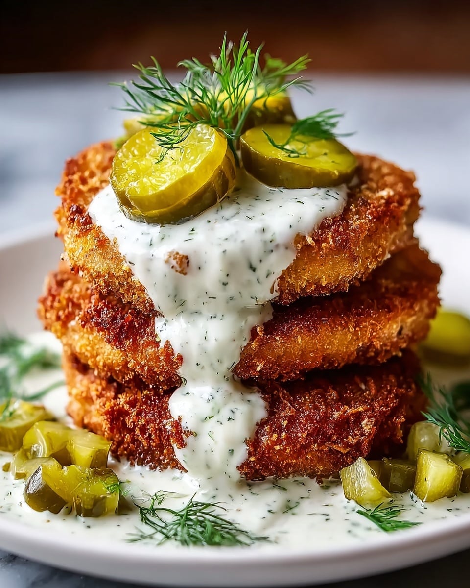 A stack of three crispy, golden-brown fried patties sits centered on a white plate on a white marbled texture. The patties have a crunchy texture, and a thick white sauce with green herb flecks is generously poured over the middle of the stack, dripping down the sides. On top of the sauce, there are three round green pickle slices and small diced pickles scattered, topped with a small fresh dill sprig. Additional dill sprigs are placed around the base of the stack as garnish. The photo taken with an iphone --ar 4:5 --v 7