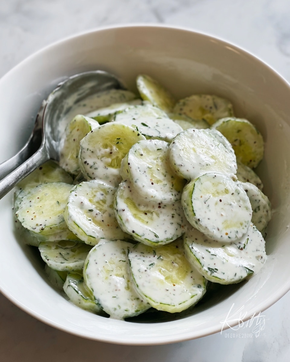A white bowl filled with round cucumber slices covered in a creamy white sauce mixed with small green and black herb bits, giving a speckled effect. The cucumber slices look moist and shiny, stacked unevenly with some overlapping. There is a metal spoon resting inside the bowl on the left side, partially visible. The background is a white marbled texture. photo taken with an iphone --ar 4:5 --v 7