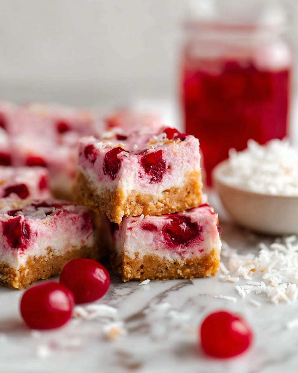 The image shows a stack of cherry dessert bars on a white marbled surface. Each bar has two visible layers: a thick, golden-brown base layer that looks crumbly and a pale pinkish-white top layer mixed with bright red cherry pieces spread unevenly across it. The bars are cut into squares, with one square slightly lifted and resting on another, showing the layers clearly. Around the bars, there are some whole, shiny red cherries scattered, and to the right, there is a small white bowl filled with shredded coconut. In the blurred background, a jar filled with red jelly can be seen. photo taken with an iphone --ar 4:5 --v 7