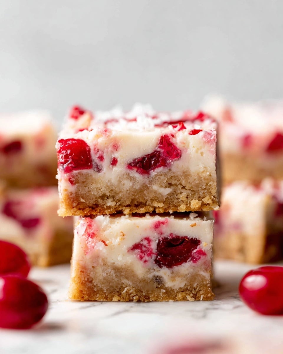 A close-up image shows a stack of three dessert bars on a white marbled surface. Each bar has two layers: a thick, dense bottom layer that is light brown and crumbly with a cookie-like texture, and a top layer full of creamy white frosting mixed with bright red cherry pieces scattered throughout, giving a slightly chunky appearance. The bars are cut into neat squares, and some whole red cherries are visible around them. The focus is on the central bar, with soft, blurred bars in the background adding depth. photo taken with an iphone --ar 4:5 --v 7