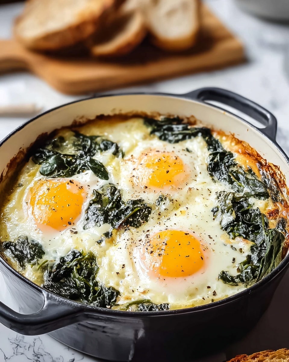 The image shows a round black pot with a white inside, filled with a baked dish. The dish has three bright yellow egg yolks in a triangle shape on top, surrounded by cooked white egg whites. Underneath and around the eggs, there are dark green leafy vegetables that look soft and slightly wilted. The edges of the dish are golden brown and slightly crispy. The pot is placed on a surface with a white marbled texture, and in the background, there is a blurred wooden board with some bread. The dish looks warm and fresh, with light seasoning of black pepper sprinkled over the eggs. photo taken with an iphone --ar 4:5 --v 7