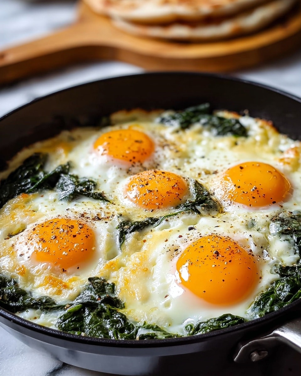 A close-up view of a black skillet filled with five sunny-side-up eggs, each with bright orange yolks sitting on a bed of cooked spinach mixed with melted white cheese. The edges of the eggs are firm and slightly browned, with a sprinkle of black pepper on top. The skillet is placed on a white marbled surface, and in the background, there is a wooden board holding a piece of flatbread. Photo taken with an iphone --ar 4:5 --v 7