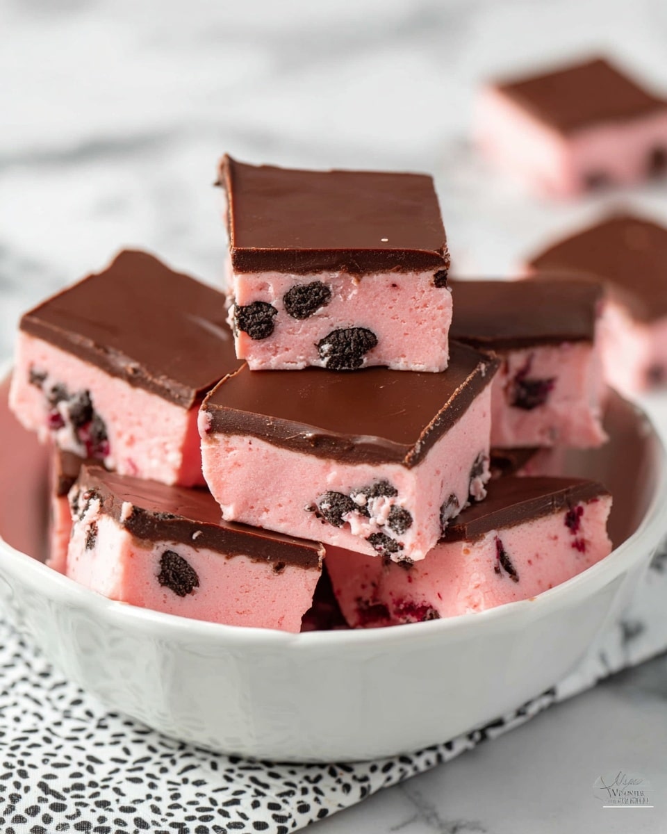 The image shows several square-shaped treats stacked inside a white bowl with a subtle scalloped edge. Each treat has two layers: a smooth, dark brown chocolate layer on top, about one-fifth the thickness of the entire piece, and a thick, pale pink base layer that makes up most of the treat. Embedded within the pink layer are small chunks of dark cookie pieces, adding texture and contrast. The bowl is placed on a white marbled surface with a black and white patterned cloth nearby. photo taken with an iphone --ar 4:5 --v 7