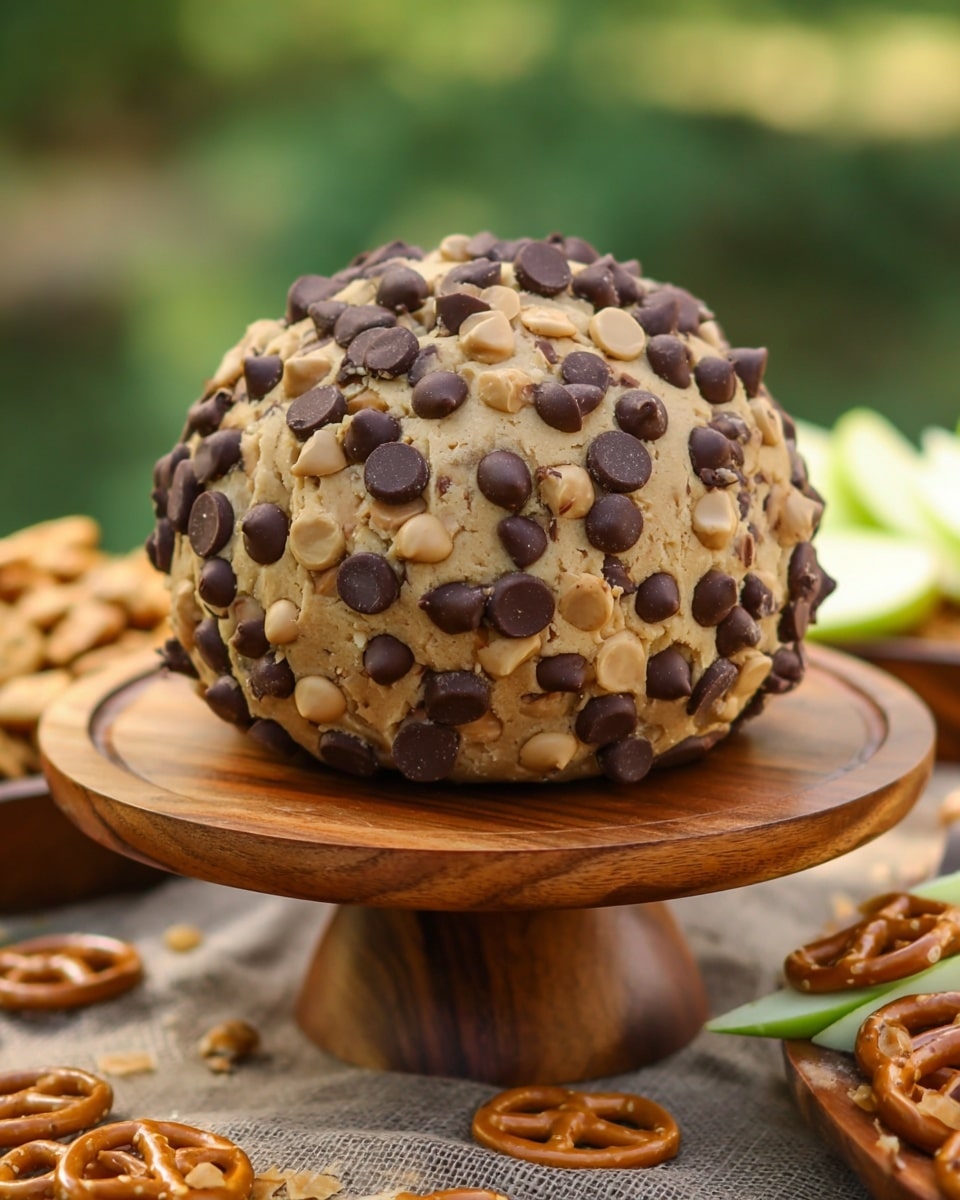A round dome-shaped cookie dough ball covered fully with two types of chocolate chips, dark brown and light brown, evenly spread all over the surface. The dough underneath is light beige with a slightly rough texture. The cookie ball sits on a smooth wooden pedestal with a rich brown finish, and around the base, there are some scattered pretzels and apple slices visible. The scene is set outdoors with green blurred background. Photo taken with an iphone --ar 4:5 --v 7