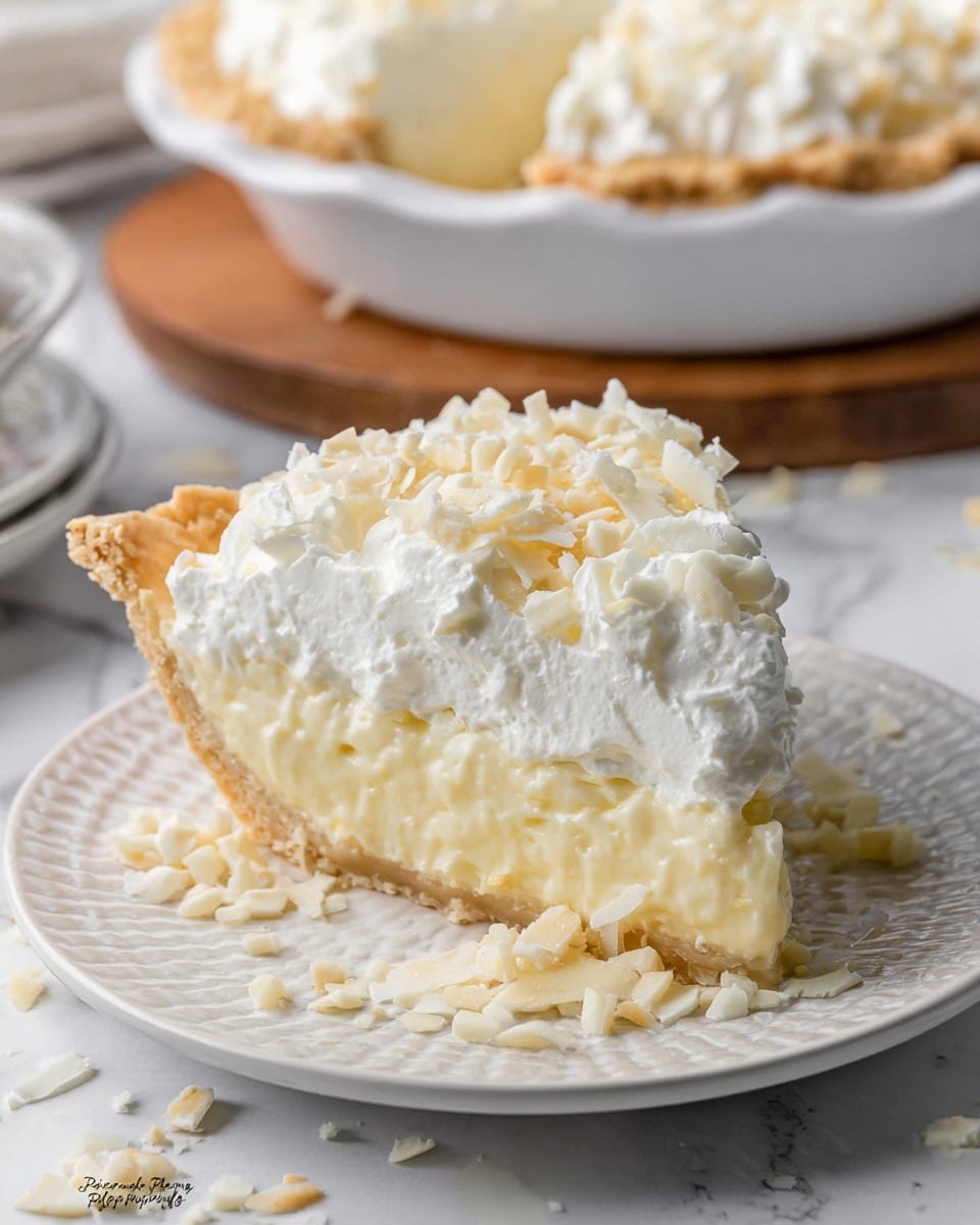 A slice of creamy pie sits on a white plate with a textured pattern, placed on a white marbled surface. The pie has three layers: a light golden-brown flaky crust at the bottom, a thick pale yellow creamy filling in the middle, and a fluffy white whipped topping sprinkled generously with white chocolate shavings. Surrounding the slice on the plate are scattered white chocolate flakes, adding extra texture and detail to the scene. In the background, a partial view of the full pie with a similar crust and topping is visible on a white pie dish on a wooden board, slightly blurred to focus on the slice. photo taken with an iphone --ar 4:5 --v 7