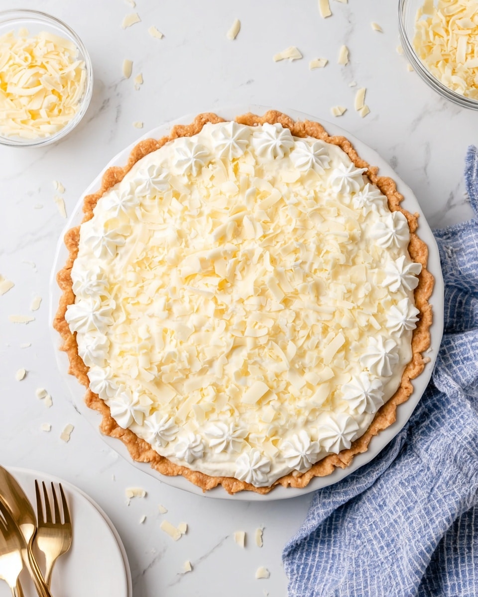 A white pie plate holds a pie with a golden brown, crimped crust forming one layer at the base and edges. The top layer is a thick, creamy white whipped topping with small star-shaped dollops spread evenly over the pie surface. Light cream-colored shavings are sprinkled densely on the whipped topping, adding texture and a slight contrast to the smooth cream. The pie is set on a white marbled surface with a blue and white checkered cloth to the right. Nearby, there are scattered light cream shavings and a small clear bowl filled with similar shavings. In the lower left corner, a white plate with two gold forks rests on the marbled surface. photo taken with an iphone --ar 4:5 --v 7