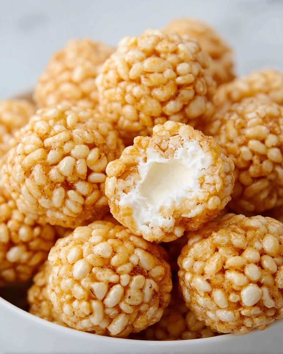 A close-up showing a bowl filled with small round clusters made of light golden puffed rice balls tightly packed together. One cluster is bitten, revealing a soft, white, creamy filling inside, creating a contrast with the crisp outer layer. The puffed rice has a slightly shiny, textured surface with a few darker toasted spots. All the clusters are piled closely in a white bowl set on a white marbled surface. photo taken with an iphone --ar 4:5 --v 7